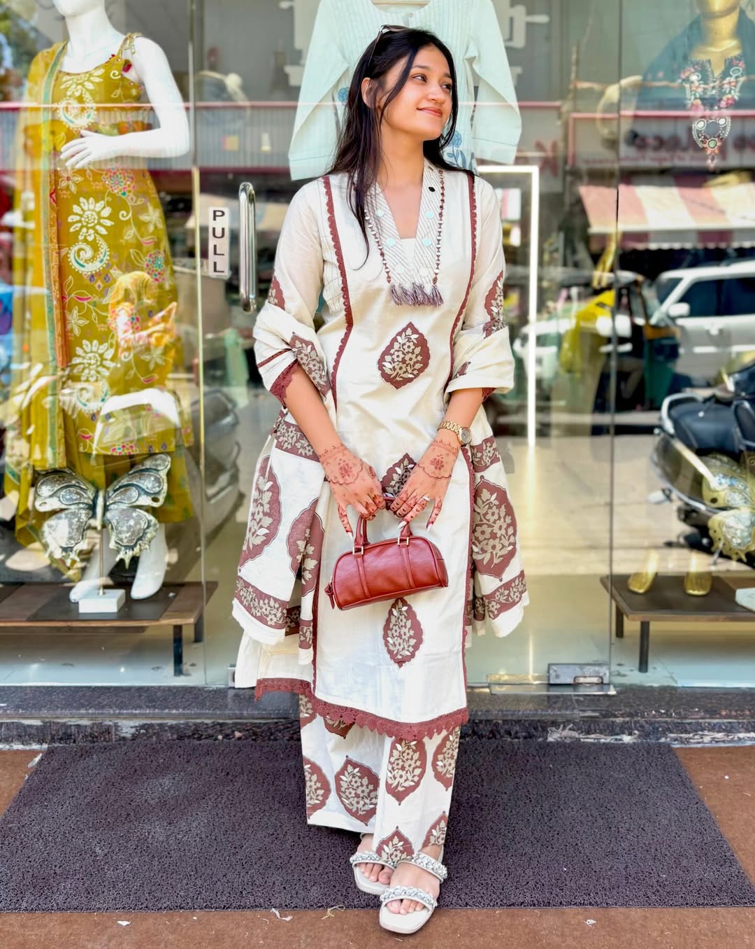 Chic Off-White and Brown Floral Block Print Kurta Set