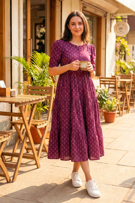 Women's Wine Cotton Tiered Dress with All-Over Floral Motif