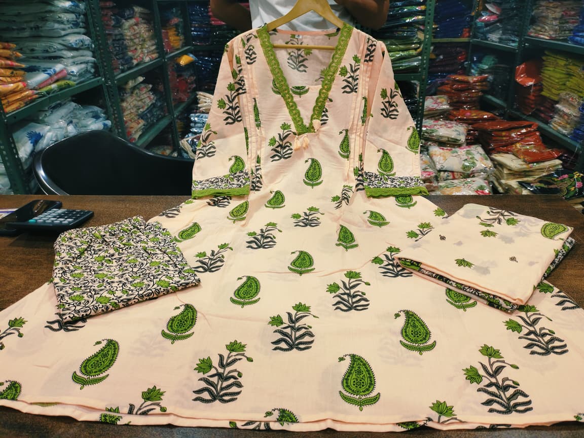 Beige & Lime Green Paisley Printed Kurta Set with Printed Palazzo and Dupatta