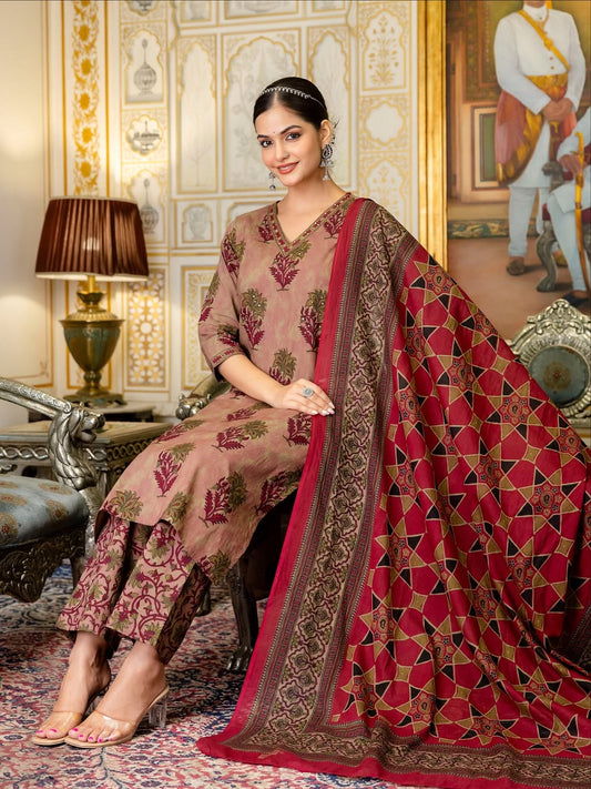 Elegant Mauve and Maroon Floral Block Print Kurta Set