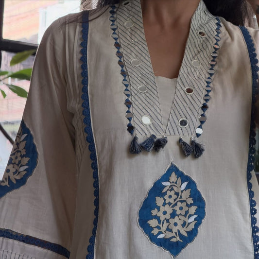 Graceful Off-White and Blue Block Print Kurta Set with Matching Dupatta