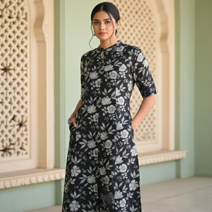 Co-Ord set in Aline pattern with one side pocket paired with Ankle length pant