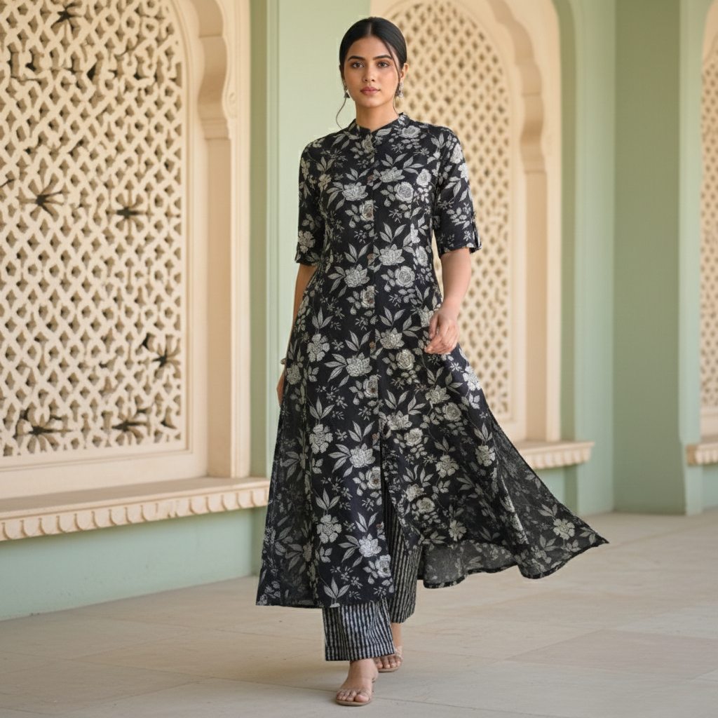 Co-Ord set in Aline pattern with one side pocket paired with Ankle length pant