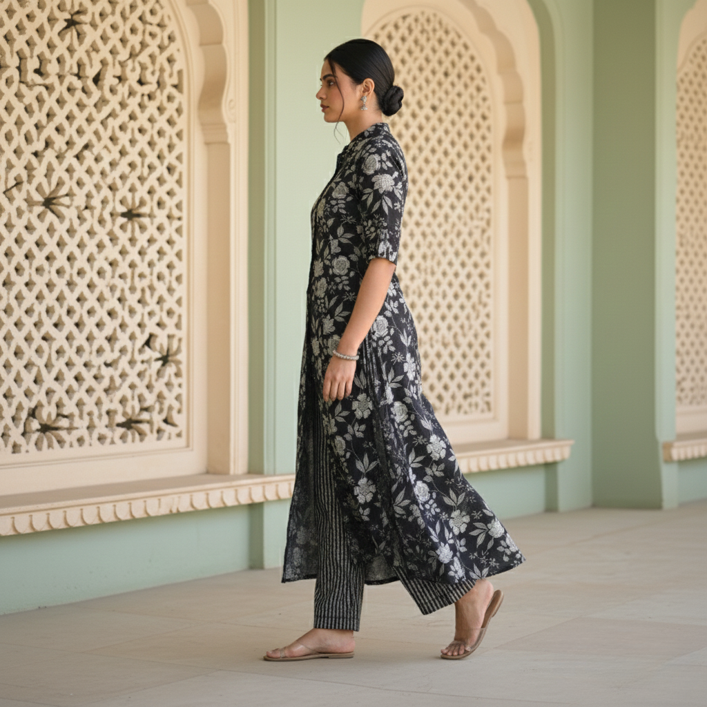 Co-Ord set in Aline pattern with one side pocket paired with Ankle length pant