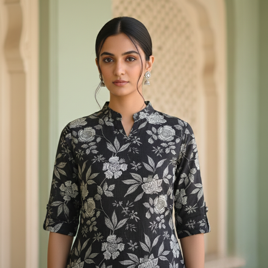 Co-Ord set in Aline pattern with one side pocket paired with Ankle length pant