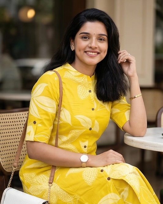 Mango Yellow Floral Block Printed Kurta & Pant Set