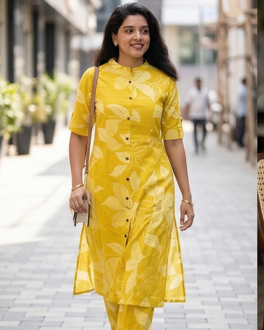 Mango Yellow Floral Block Printed Kurta & Pant Set