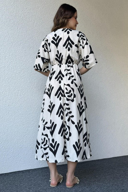 Black And White Floral Midi Cotton Casual Dresses for women