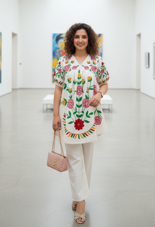 Off-white Embroidery Cotton Co-Ord Set with Bellbottom Pant