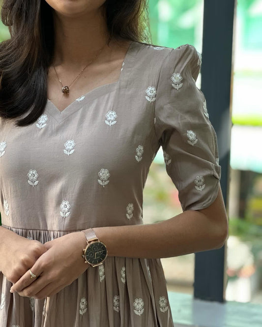 Gray Floral Midi Cotton Casual Dresses for women