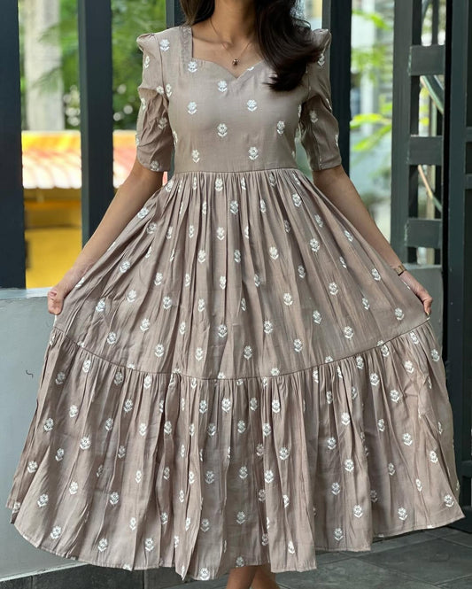 Gray Floral Midi Cotton Casual Dresses for women
