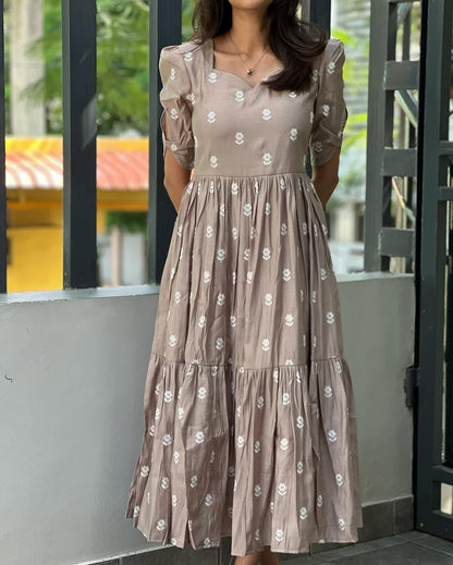 Gray Floral Midi Cotton Casual Dresses for women