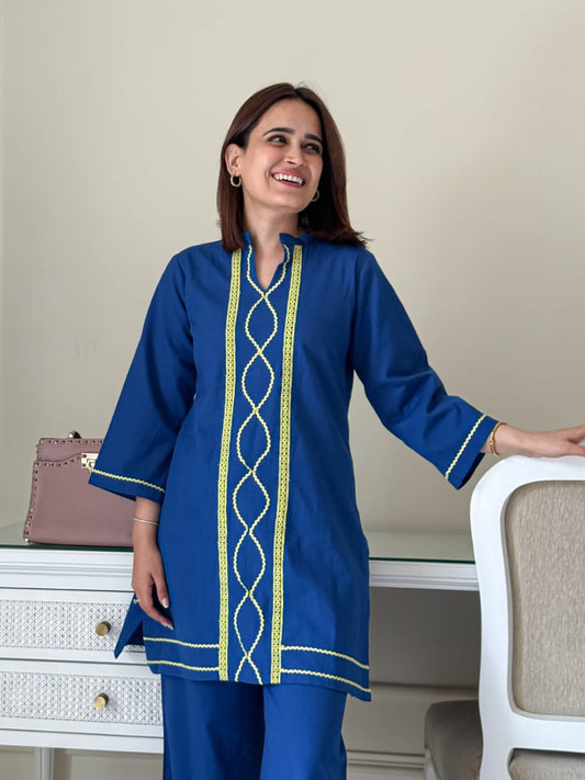 New Blue Cord Set Detailing lace work kurti palazzo set