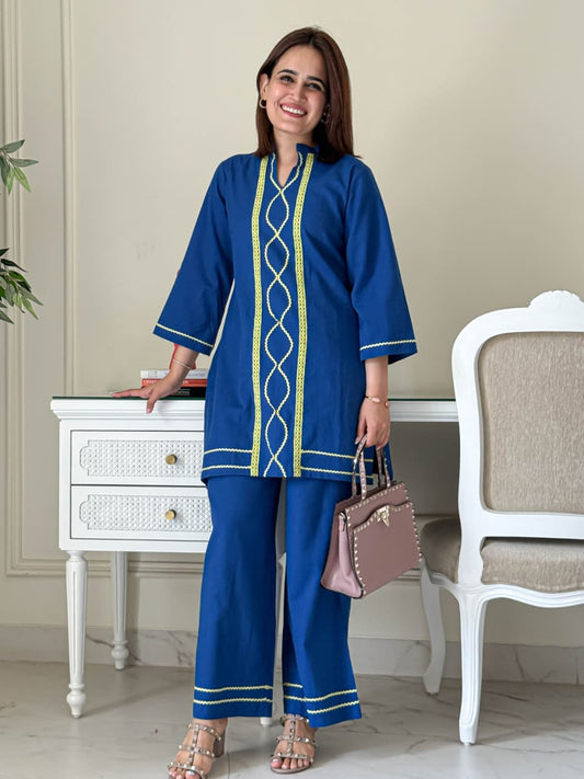 New Blue Cord Set Detailing lace work kurti palazzo set
