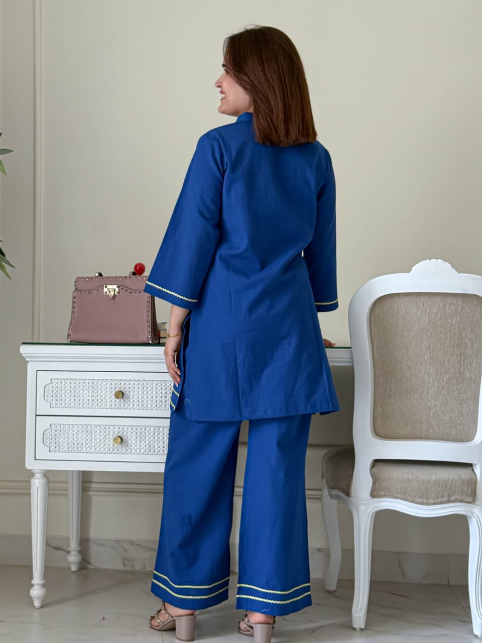 New Blue Cord Set Detailing lace work kurti palazzo set