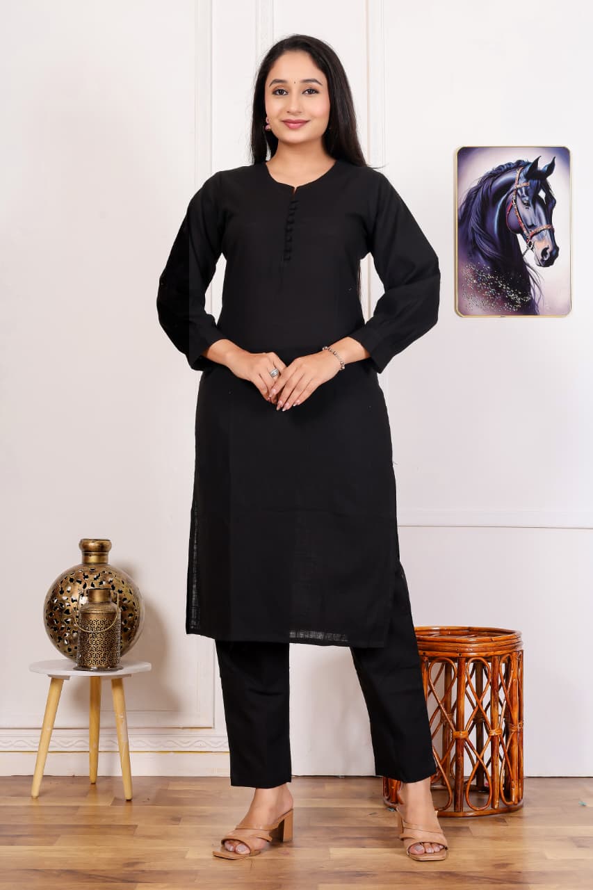 New Design Black Co-ord Set for Women Printed Kurta with Trousers