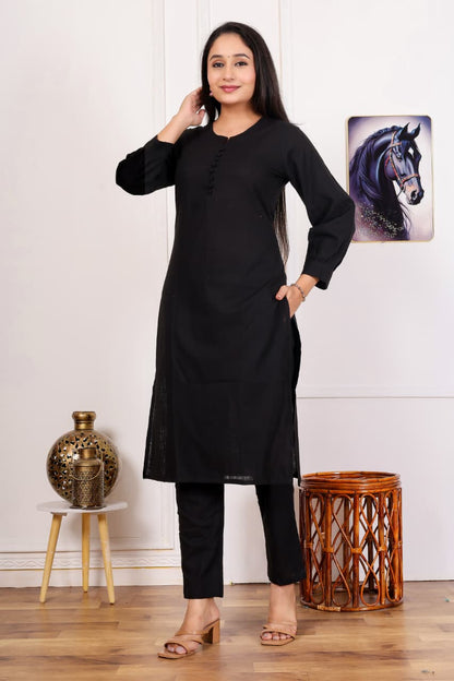 New Design Black Co-ord Set for Women Printed Kurta with Trousers