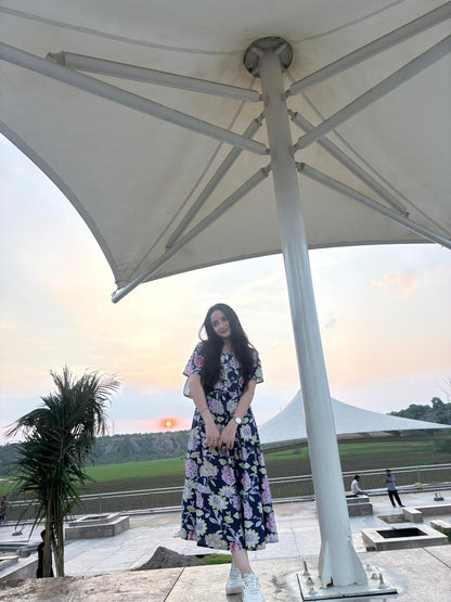 New Floral Blue Midi Cotton Casual Dresses for Womens
