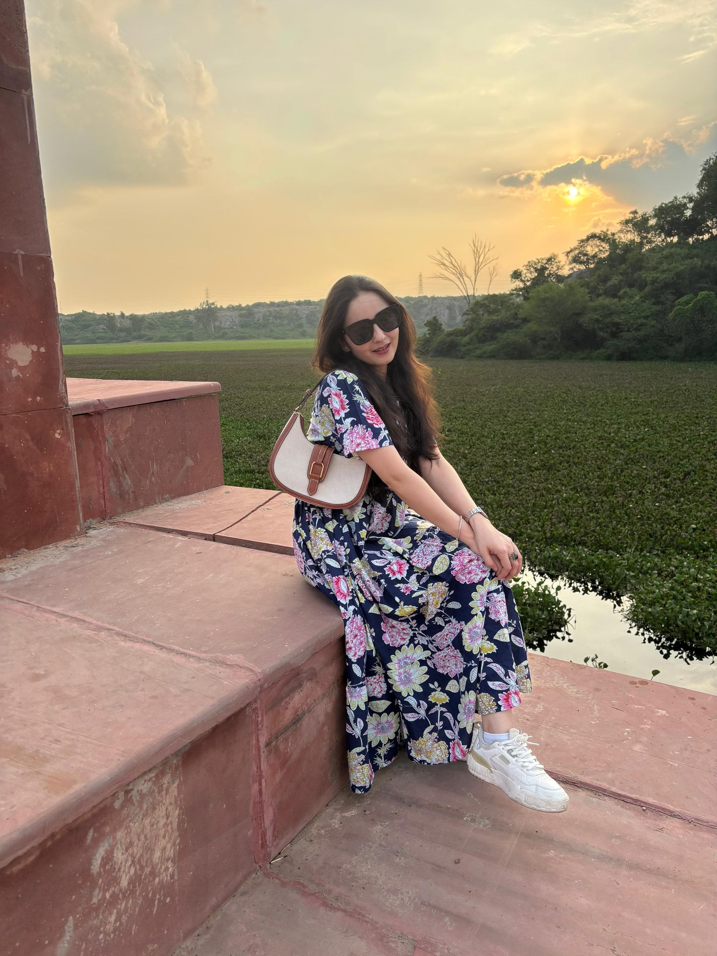 New Floral Blue Midi Cotton Casual Dresses for Womens
