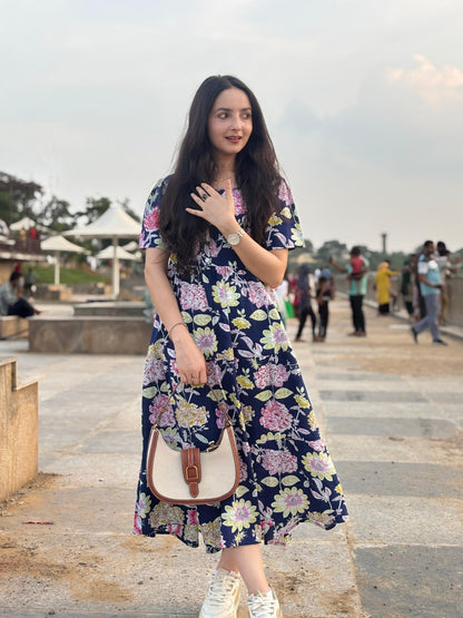 New Floral Blue Midi Cotton Casual Dresses for Womens