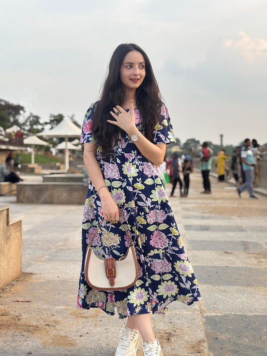 New Floral Blue Midi Cotton Casual Dresses for Womens