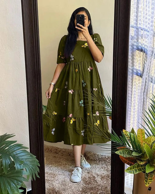 Olive Green Butterfly Embroidered Cotton Dress