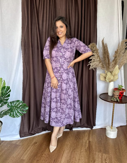 Purple  Cotton V-Neck Short Sleeves Printed Anarkali Midy Gown for Women's