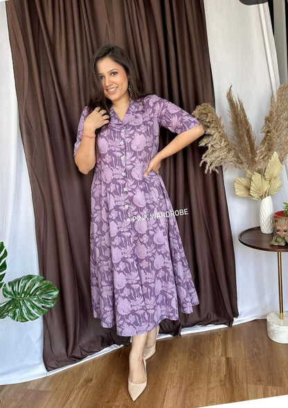 Purple  Cotton V-Neck Short Sleeves Printed Anarkali Midy Gown for Women's