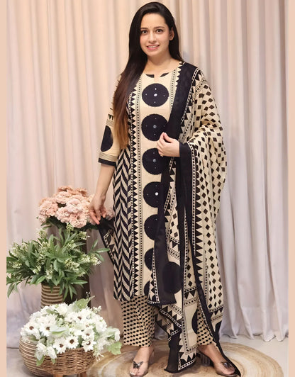 Elegant Beige & Black Geometric Printed Kurta Set with Dupatta