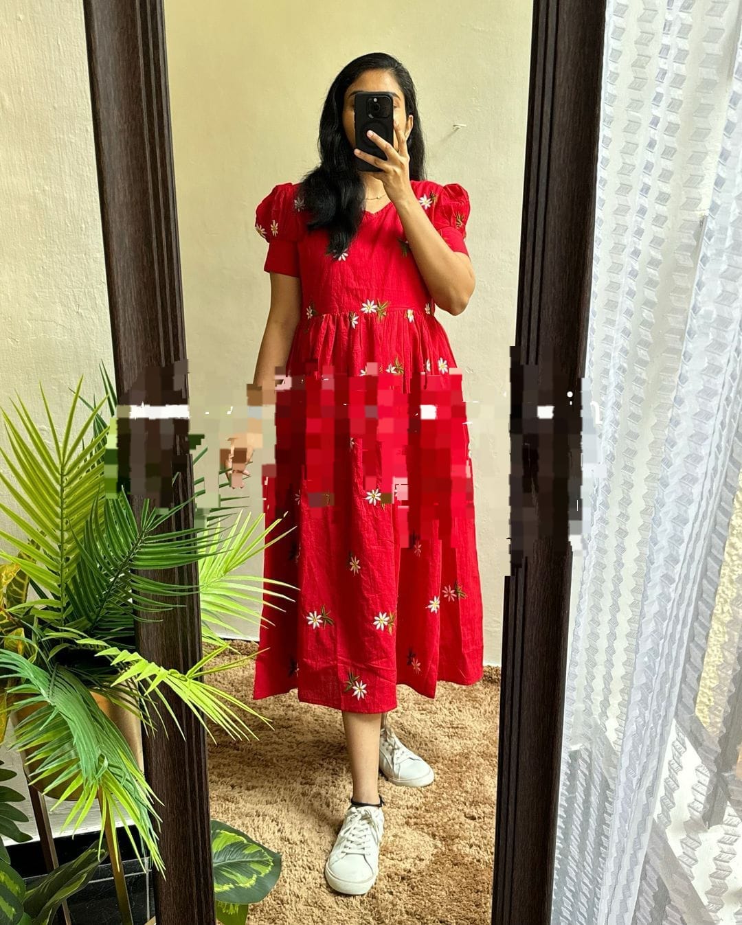 Red Flower Midi Cotton Casual Dresses for women