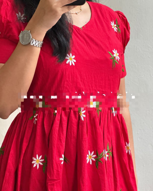 Red Flower Midi Cotton Casual Dresses for women