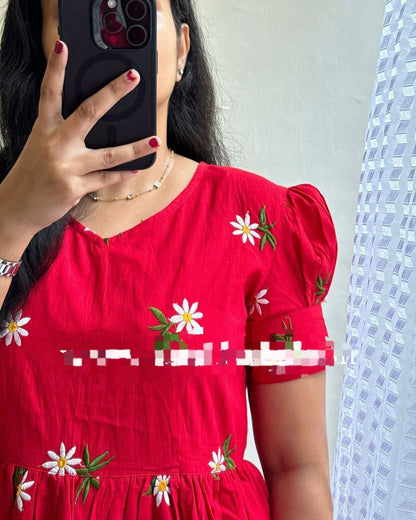 Red Flower Midi Cotton Casual Dresses for women
