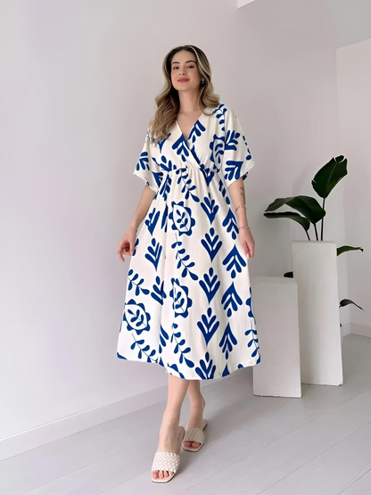 White And Blue Floral Midi Cotton Casual Dresses for women