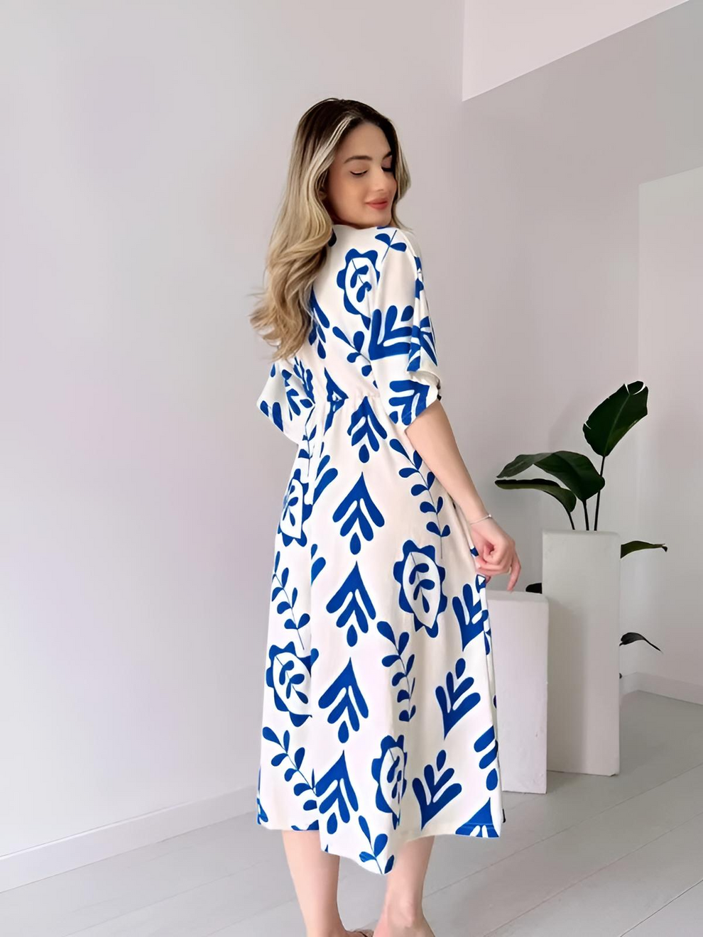 White And Blue Floral Midi Cotton Casual Dresses for women