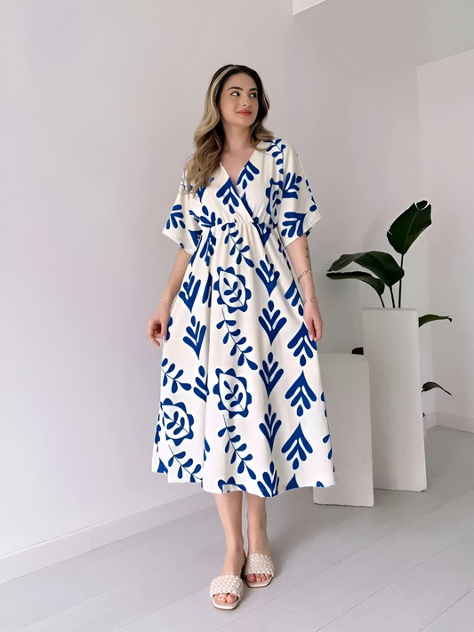White And Blue Floral Midi Cotton Casual Dresses for women