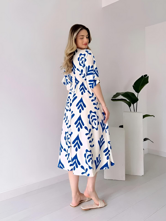 White And Blue Floral Midi Cotton Casual Dresses for women