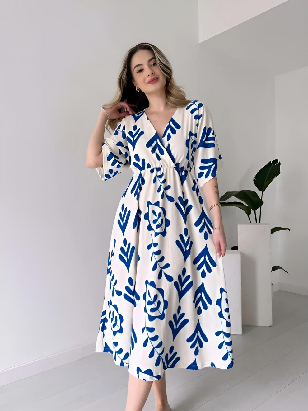 White And Blue Floral Midi Cotton Casual Dresses for women