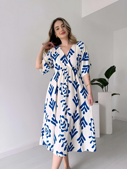 White And Blue Floral Midi Cotton Casual Dresses for women