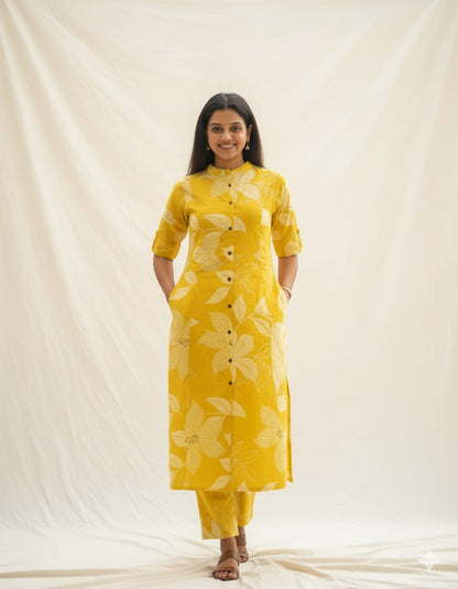 Sunshine Yellow Floral Button-Down Co-ord Set