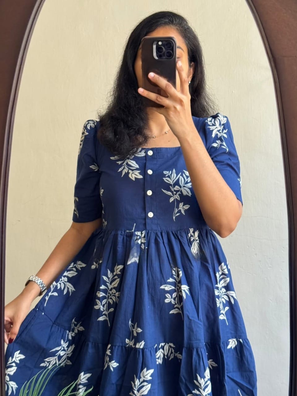 Navy Blue White Floral Printed Cotton Midi Dress
