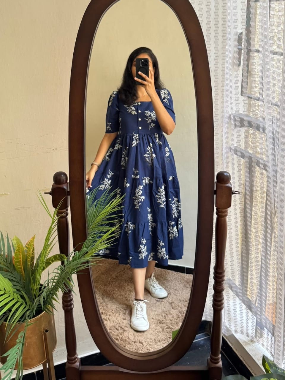 Navy Blue White Floral Printed Cotton Midi Dress