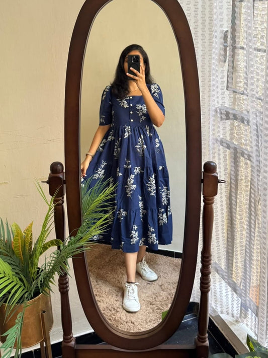 Navy Blue White Floral Printed Cotton Midi Dress