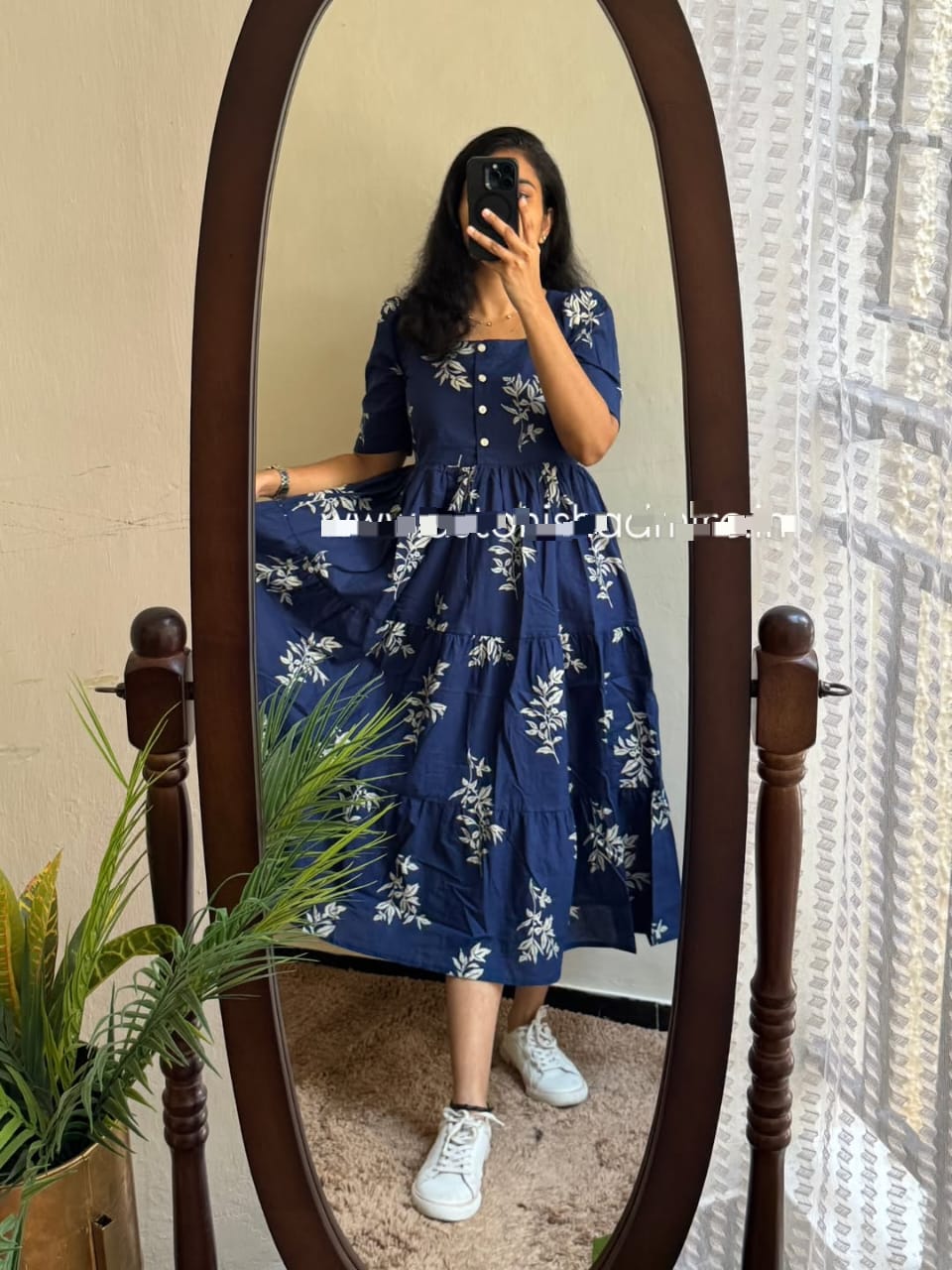 Navy Blue White Floral Printed Cotton Midi Dress