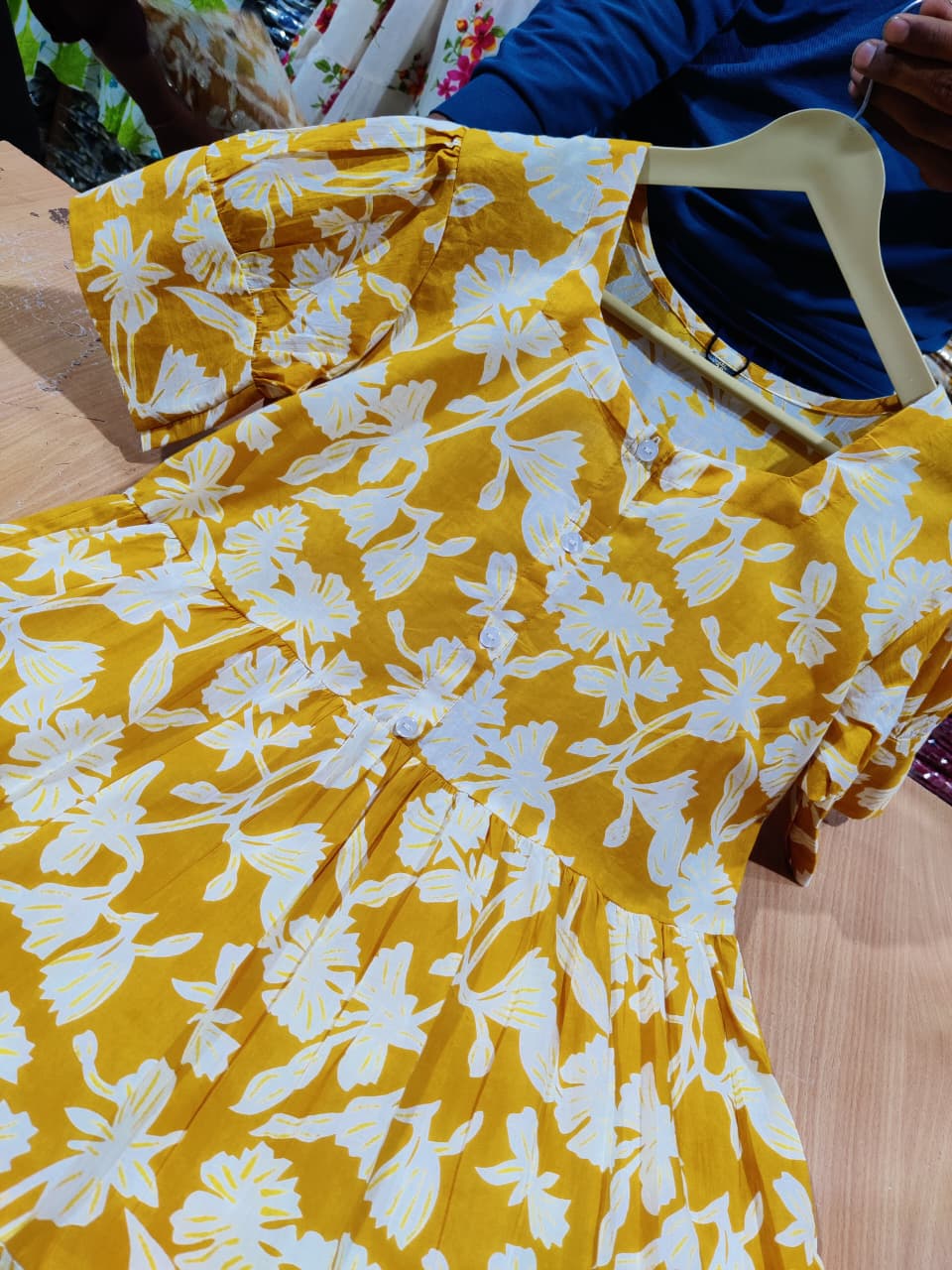 Mustard Yellow White Floral Printed Cotton Midi Dress