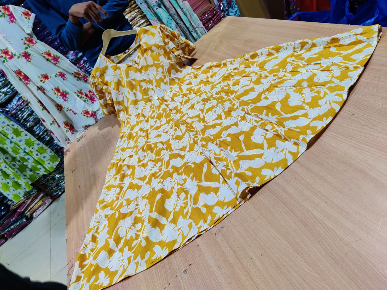 Mustard Yellow White Floral Printed Cotton Midi Dress
