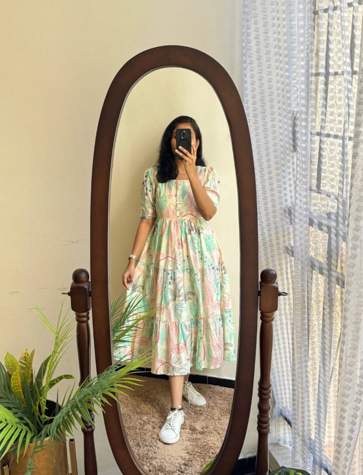 Pastel Multicolour Printed Cotton A-Line Midi Dress