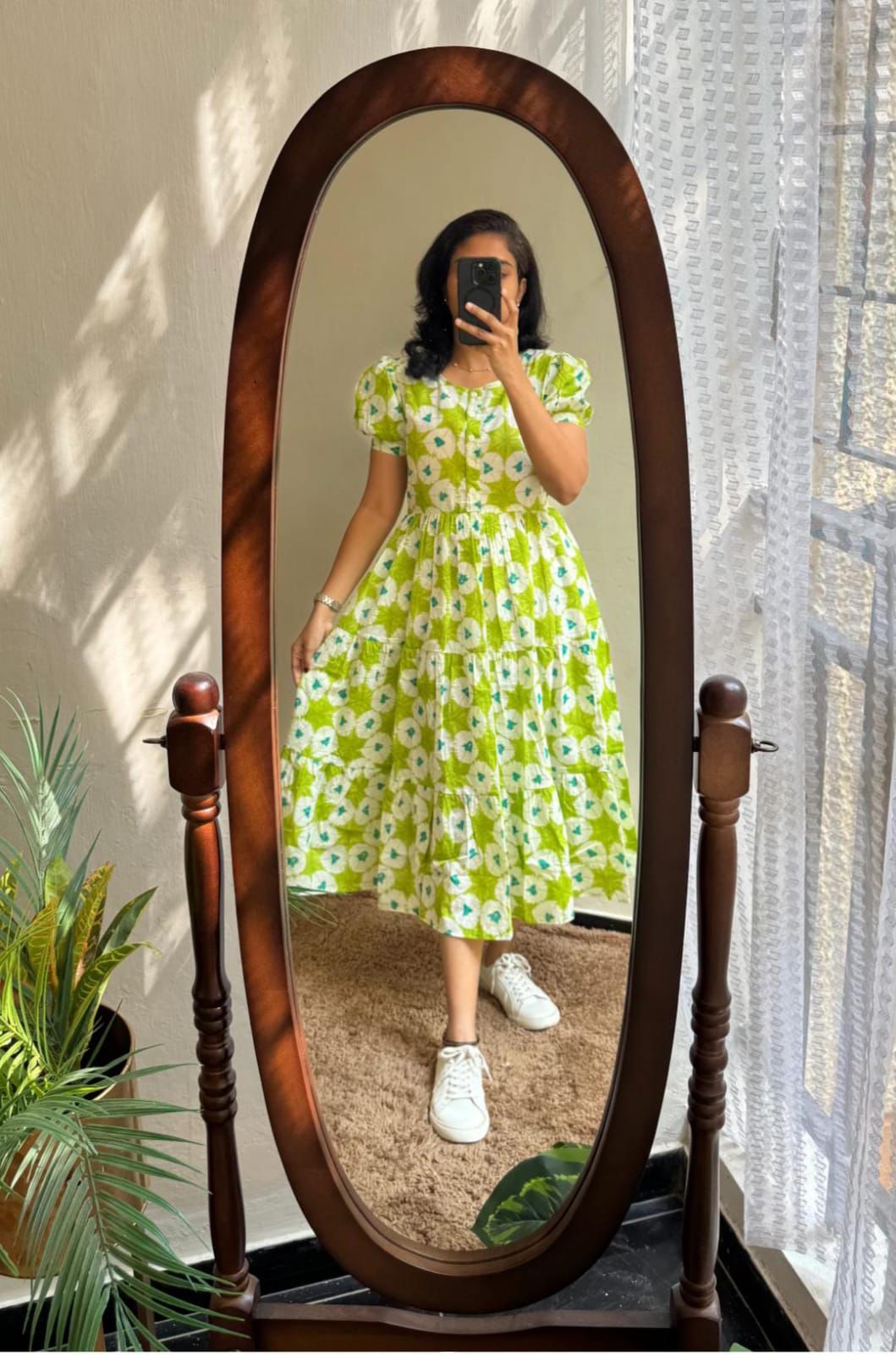 Lime Green White Floral Printed Cotton Midi Dress