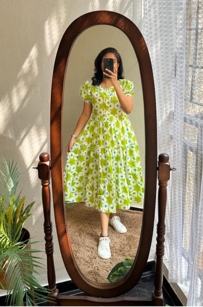 Lime Green White Floral Printed Cotton Midi Dress