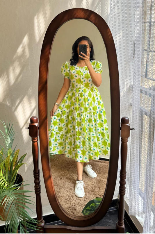 Lime Green White Floral Printed Cotton Midi Dress