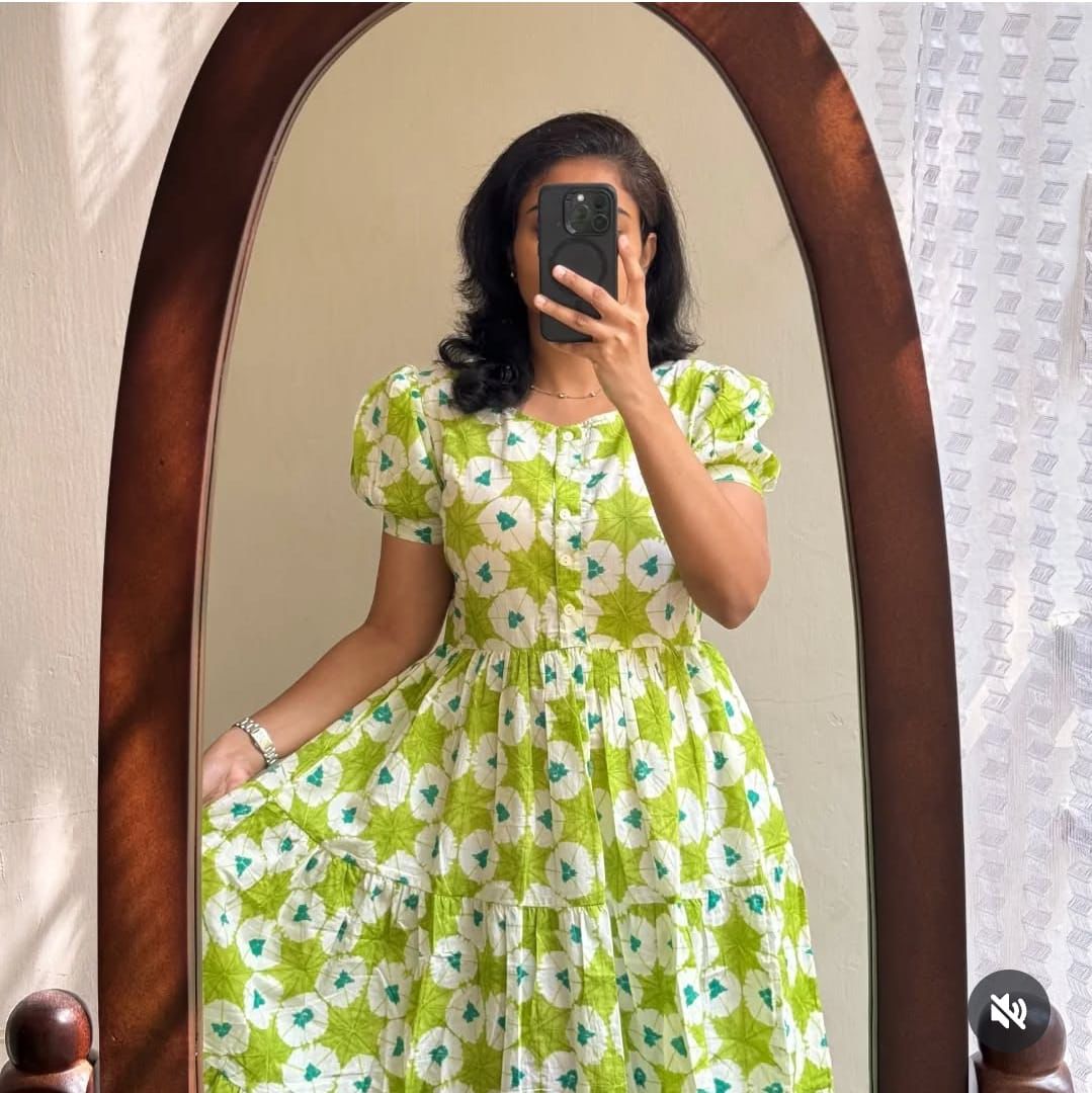 Lime Green White Floral Printed Cotton Midi Dress